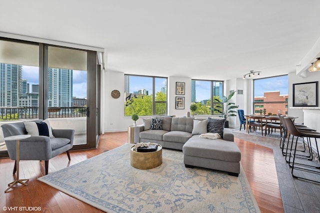 living room featuring wood finished floors, a city view, and baseboards