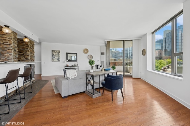 living room featuring a view of city, wood finished floors, and baseboards