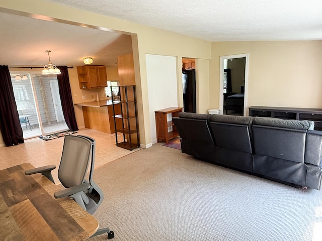 living room featuring a textured ceiling and light colored carpet