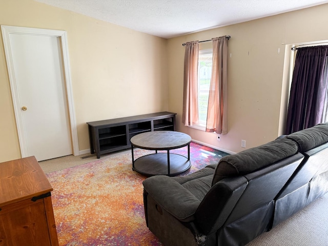 carpeted living room with a textured ceiling and baseboards