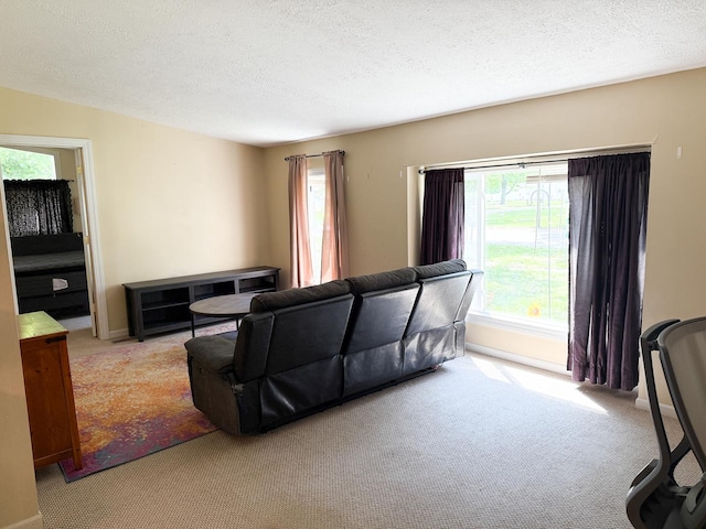 living room with carpet, a textured ceiling, and baseboards