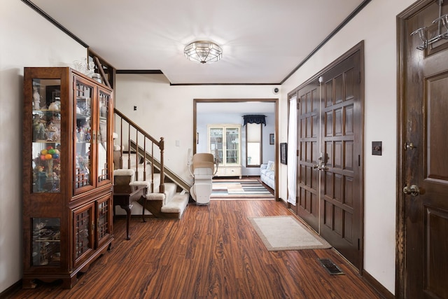1352 Goldenrod Dr, Naperville, IL 60540 - entryway with wood finished floors, baseboards, stairway, and crown molding
