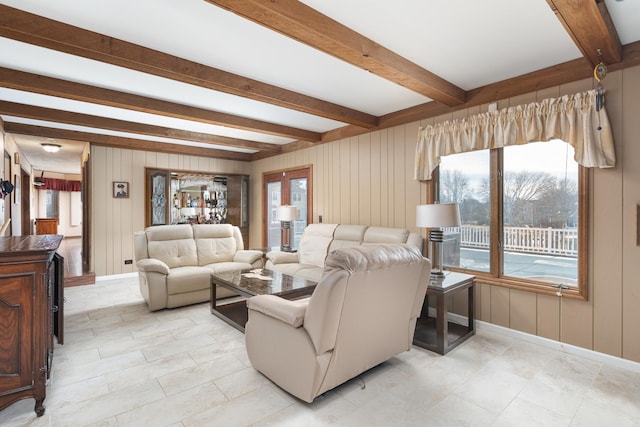 1352 Goldenrod Dr, Naperville, IL 60540 - living room with beam ceiling, wooden walls, and baseboards