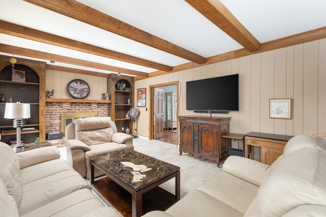 1352 Goldenrod Dr, Naperville, IL 60540 - living area with beamed ceiling, wooden walls, a fireplace, and light tile patterned flooring