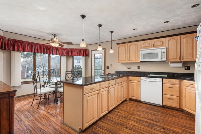1352 Goldenrod Dr, Naperville, IL 60540 - kitchen with white appliances, light brown cabinets, a peninsula, dark wood-type flooring, and recessed lighting