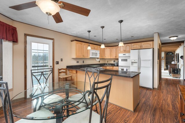 1352 Goldenrod Dr, Naperville, IL 60540 - kitchen featuring white appliances, light brown cabinets, ceiling fan, a peninsula, and dark wood-style floors