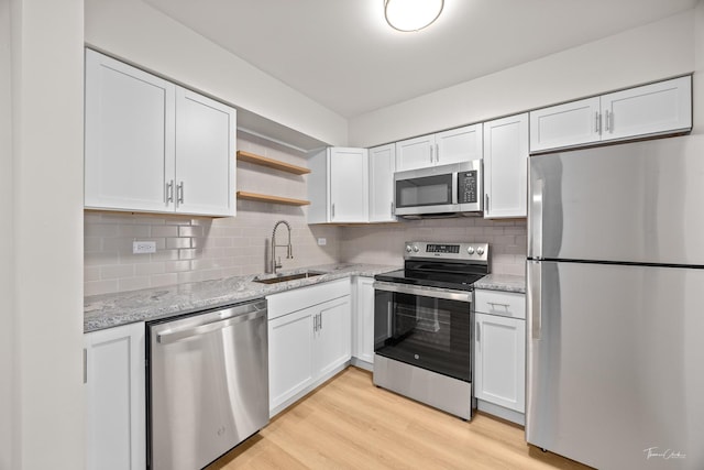 17963 Huntleigh Ct Unit 302, Country Club Hills, IL 60478 - kitchen with appliances with stainless steel finishes, a sink, white cabinetry, open shelves, and light stone counters