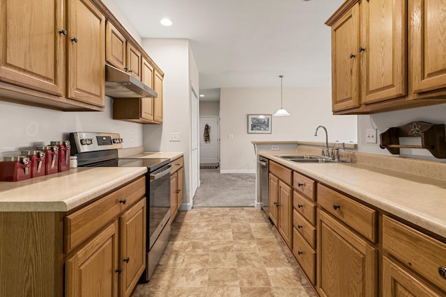 kitchen featuring appliances with stainless steel finishes, under cabinet range hood, a sink, light colored carpet, and light countertops