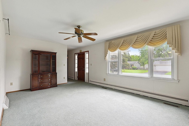 200 W Eisenhower St, Waterman, IL 60556 - unfurnished room with a baseboard radiator, light colored carpet, a ceiling fan, and a healthy amount of sunlight