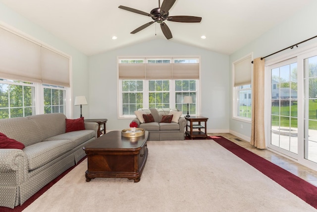 9760 Janel Dr, Bloomington, IL 61705 - living room with lofted ceiling, ceiling fan, and baseboards