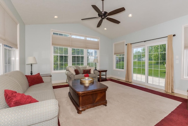 9760 Janel Dr, Bloomington, IL 61705 - living area featuring baseboards, vaulted ceiling, ceiling fan, and recessed lighting