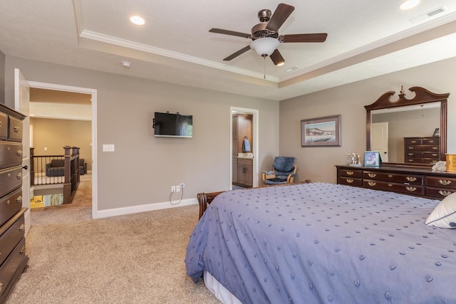 9760 Janel Dr, Bloomington, IL 61705 - bedroom with a raised ceiling, light carpet, baseboards, recessed lighting, and crown molding