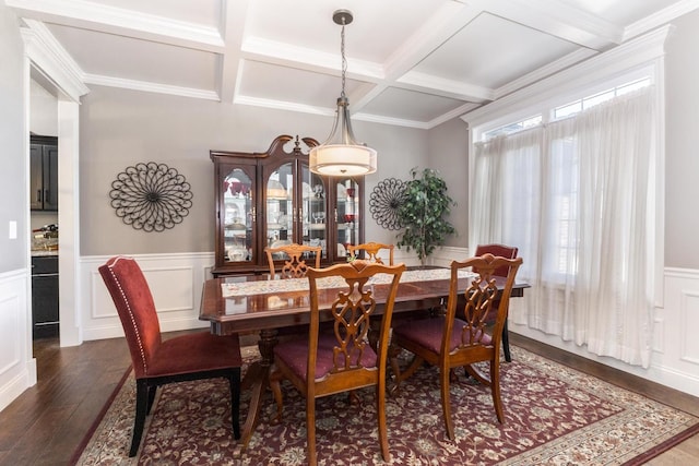 9760 Janel Dr, Bloomington, IL 61705 - dining room featuring coffered ceiling, dark wood-style floors, a wainscoted wall, beamed ceiling, and a decorative wall