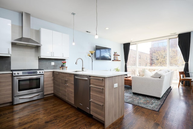 kitchen with wall chimney exhaust hood, stainless steel appliances, a sink, light countertops, and recessed lighting