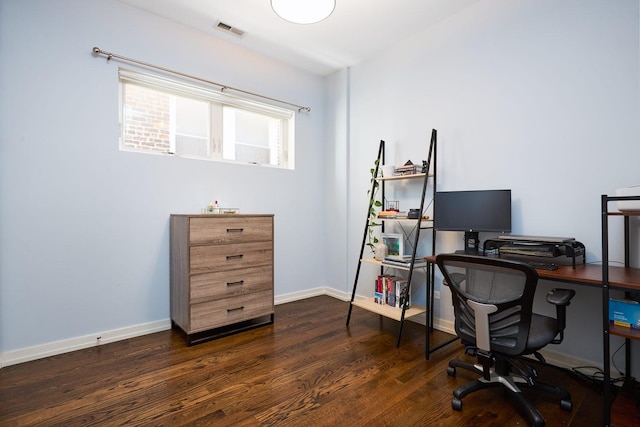 home office featuring dark wood finished floors and baseboards