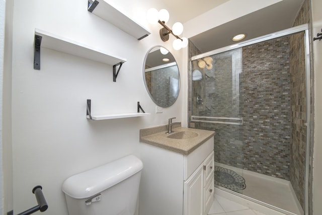 bathroom with a shower stall, toilet, vanity, tile patterned flooring, and recessed lighting