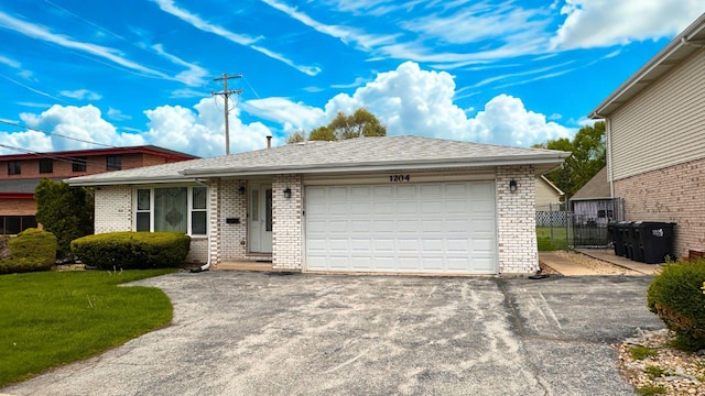 view of front facade with brick siding, driveway, an attached garage, and a shingled roof