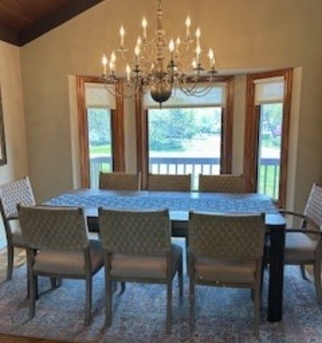 23105 N High Ridge Rd, Barrington, IL 60010 - dining room featuring a chandelier, lofted ceiling, and wooden ceiling