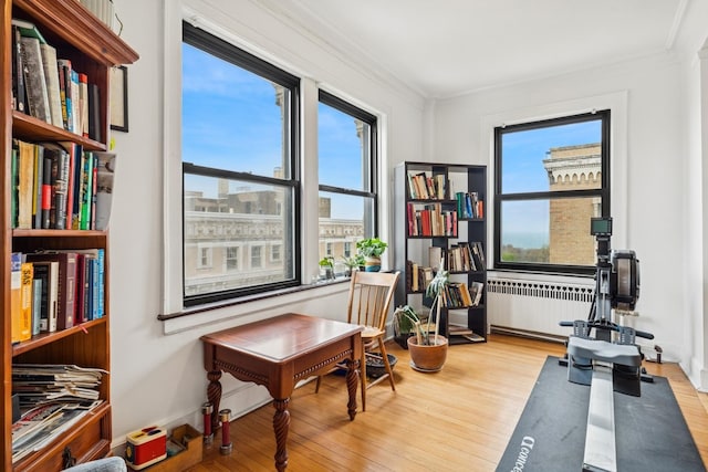 exercise room with radiator heating unit, wood finished floors, and ornamental molding