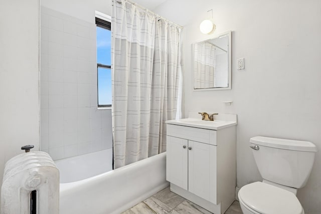 full bathroom featuring toilet, shower / tub combo, vanity, and marble finish floors