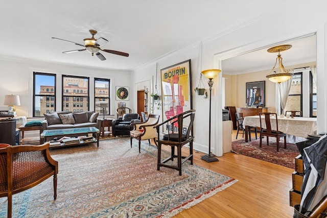 living room featuring plenty of natural light, ornamental molding, a ceiling fan, and wood finished floors