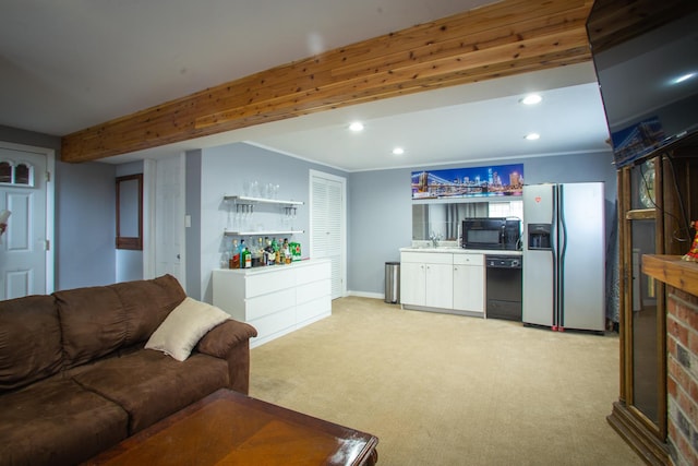living room with light colored carpet, recessed lighting, crown molding, beam ceiling, and a brick fireplace