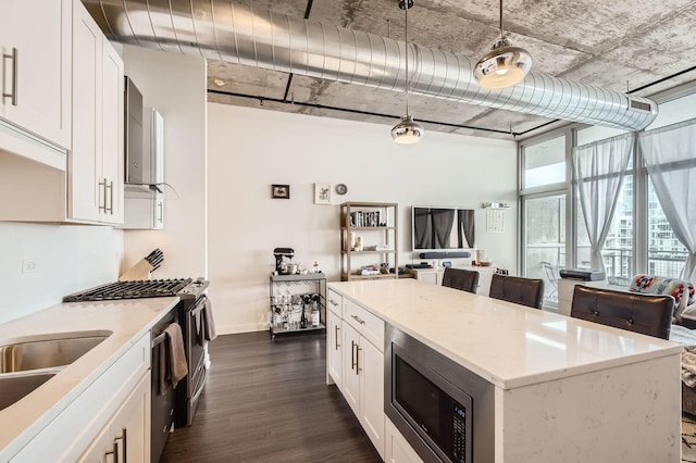 50 E 16th St Unit 1111, Chicago, IL 60616 - kitchen featuring stainless steel appliances, dark wood-type flooring, white cabinetry, light stone countertops, and a center island