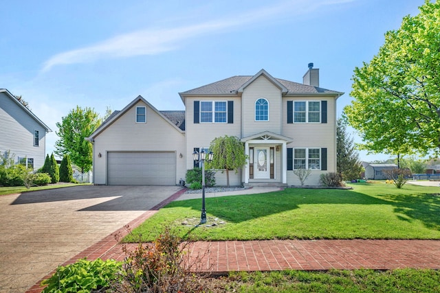 colonial-style house featuring a chimney, an attached garage, driveway, and a front yard