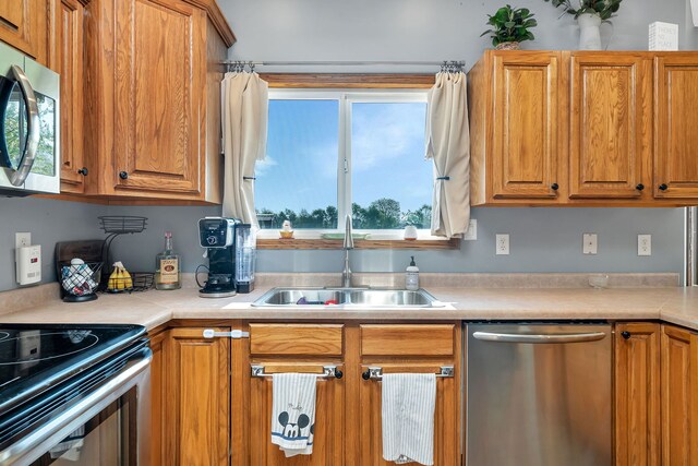 kitchen featuring appliances with stainless steel finishes, a sink, light countertops, and healthy amount of natural light