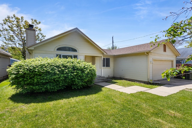 913 W Eads St, Urbana, IL 61801 - ranch-style home with a garage, a front yard, driveway, and a chimney