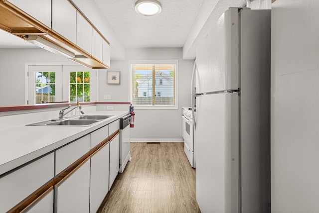 913 W Eads St, Urbana, IL 61801 - kitchen featuring white appliances, a sink, light countertops, light wood-style flooring, and white cabinetry