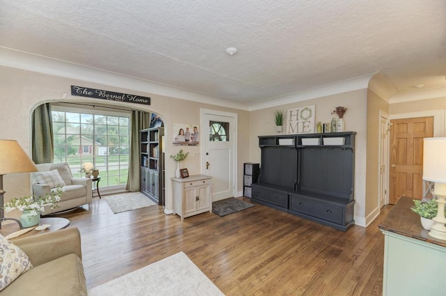 1607 Burlington Ave, Lisle, IL 60532 - living area featuring wood finished floors, a textured ceiling, ornamental molding, and baseboards