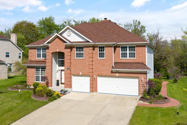 405 Lela Ln, Bartlett, IL 60103 - traditional home featuring a garage, concrete driveway, a front lawn, a chimney, and a shingled roof