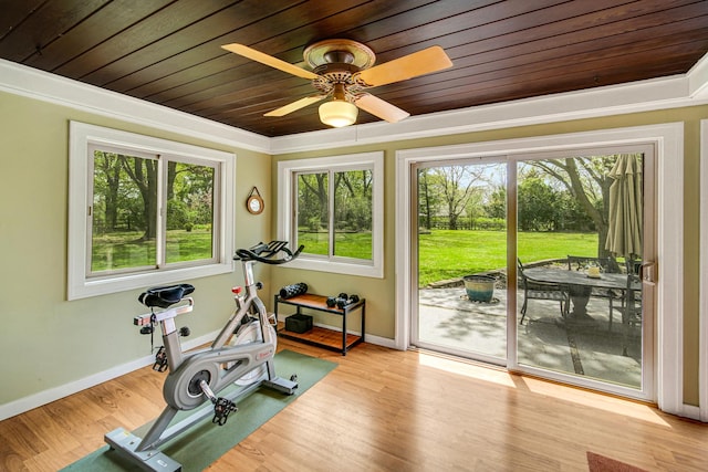 exercise area with plenty of natural light, wooden ceiling, ornamental molding, baseboards, and wood finished floors