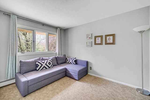 living room with carpet, baseboards, and a baseboard radiator