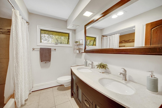 full bathroom featuring a baseboard heating unit, curtained shower, tile patterned flooring, toilet, and baseboards