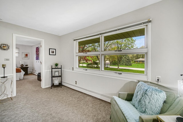 living area featuring baseboard heating and carpet