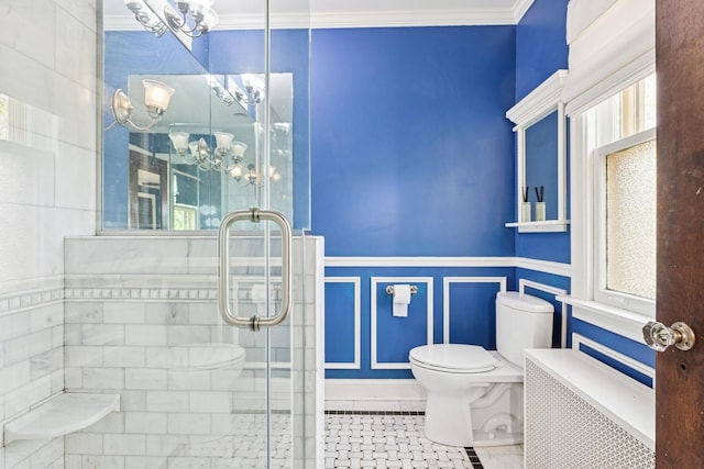 2141 Evans Rd, Flossmoor, IL 60422 - bathroom featuring toilet, radiator heating unit, a stall shower, a chandelier, and ornamental molding