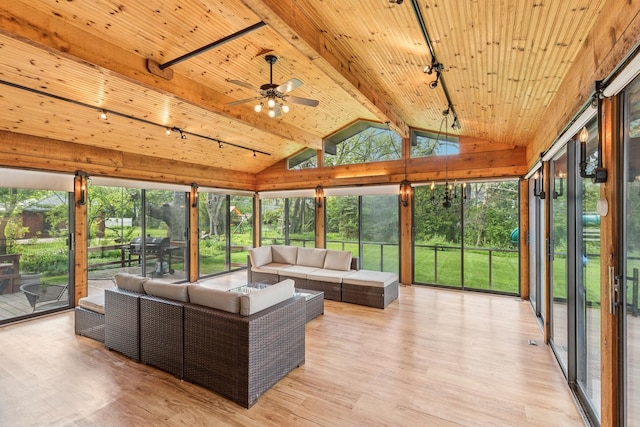 2141 Evans Rd, Flossmoor, IL 60422 - sunroom with track lighting, wood ceiling, an outdoor living space, a ceiling fan, and wood finished floors