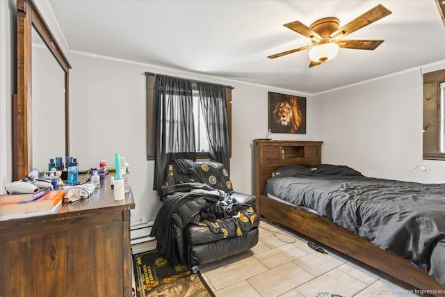 bedroom featuring ornamental molding, a baseboard heating unit, ceiling fan, and light tile patterned flooring
