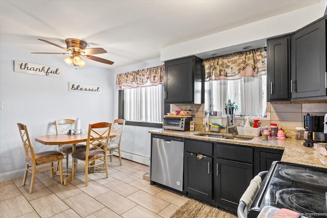 kitchen with stainless steel dishwasher, black / electric stove, dark cabinetry, and plenty of natural light