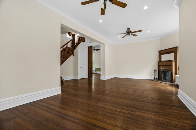827 Madison St, Evanston, IL 60202 - unfurnished living room featuring a ceiling fan, stairs, a fireplace, recessed lighting, and wood finished floors