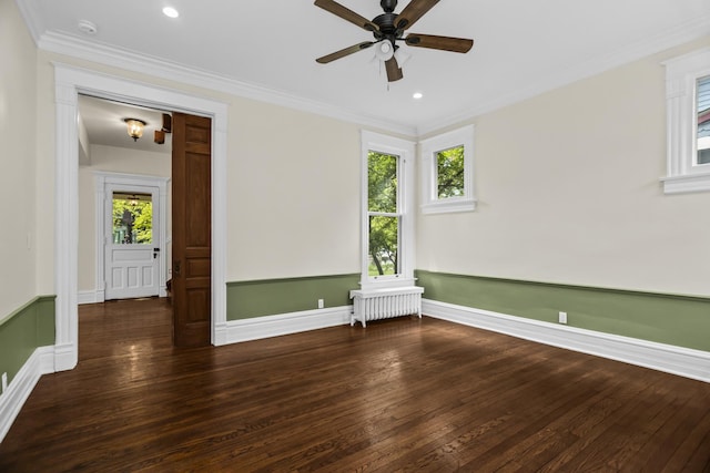 827 Madison St, Evanston, IL 60202 - unfurnished room featuring radiator heating unit, hardwood / wood-style floors, ceiling fan, ornamental molding, and a smoke detector