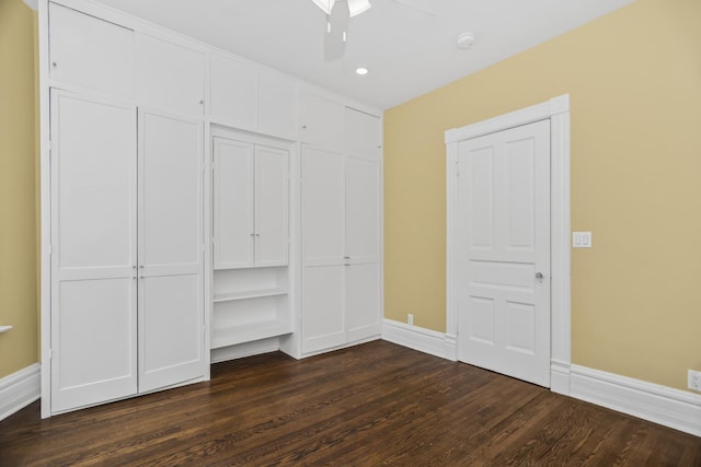 827 Madison St, Evanston, IL 60202 - unfurnished bedroom with dark wood finished floors, a closet, baseboards, recessed lighting, and a ceiling fan