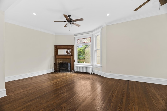 827 Madison St, Evanston, IL 60202 - unfurnished living room featuring radiator, ceiling fan, wood finished floors, a tiled fireplace, and ornamental molding