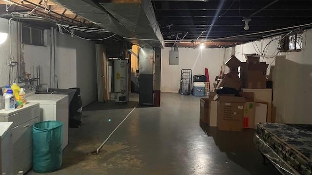 15015 Winchester Ave, Harvey, IL 60426 - unfinished below grade area featuring electric panel, water heater, washer and clothes dryer, and heating unit