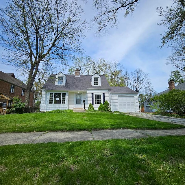 cape cod house with a front yard, a garage, driveway, a chimney, and a shingled roof