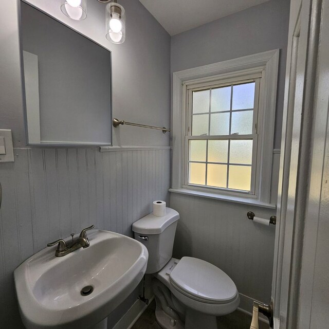 bathroom featuring a sink, toilet, and wainscoting