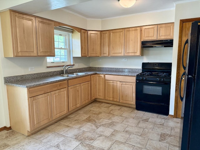 kitchen with black appliances, under cabinet range hood, a sink, dark countertops, and ornamental molding