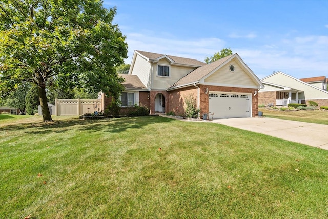 view of front of house with an attached garage, brick siding, driveway, and a shingled roof